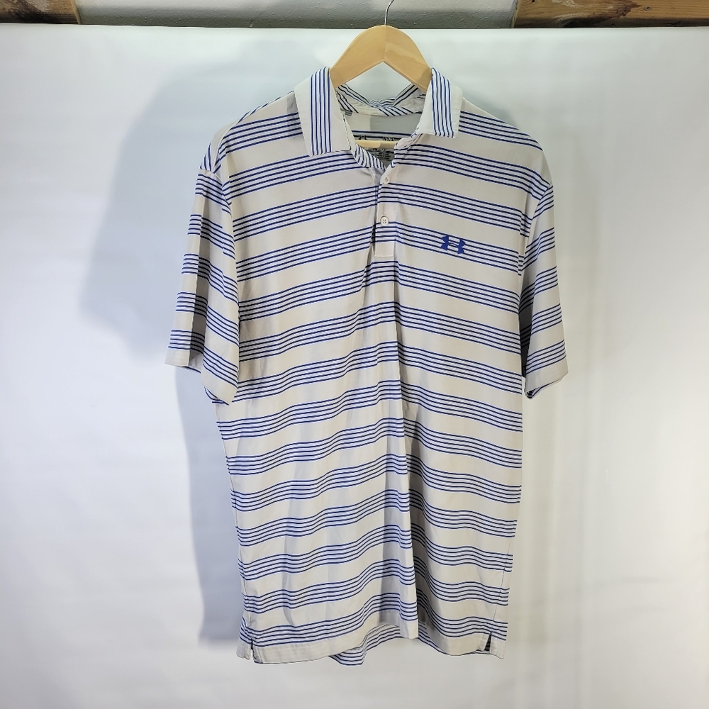 Under Armour Stripped Polo Heat Gear Loose Fit Blue/Off White Size Large